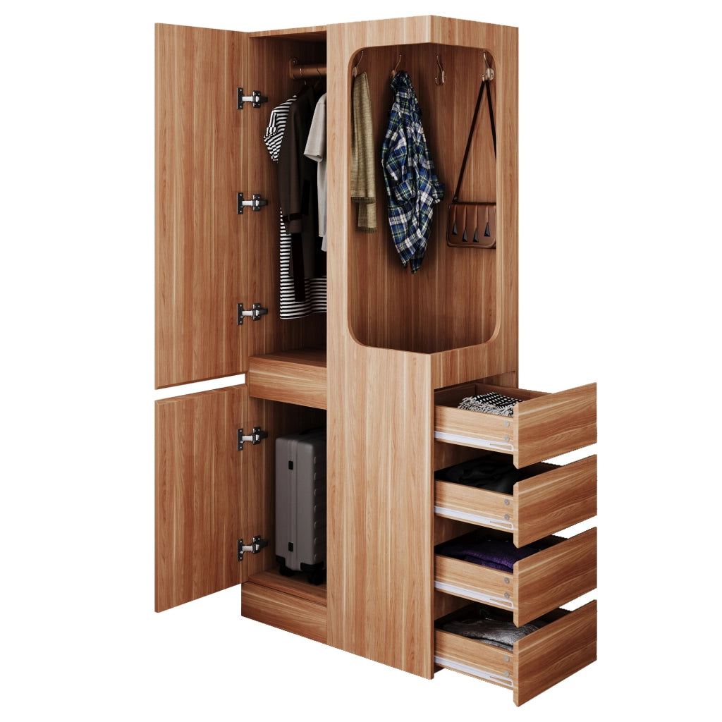 Armadio con 4 cassetti e vano appendiabiti aperto, 1 anta, per camera da letto, in legno naturale, 70 × 40 × 170 cm