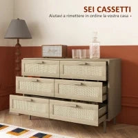 Cassettiera 6 Cassetti in Legno e Rattan Stile Boho per Soggiorno e Camera da Letto, 110x40x75 cm