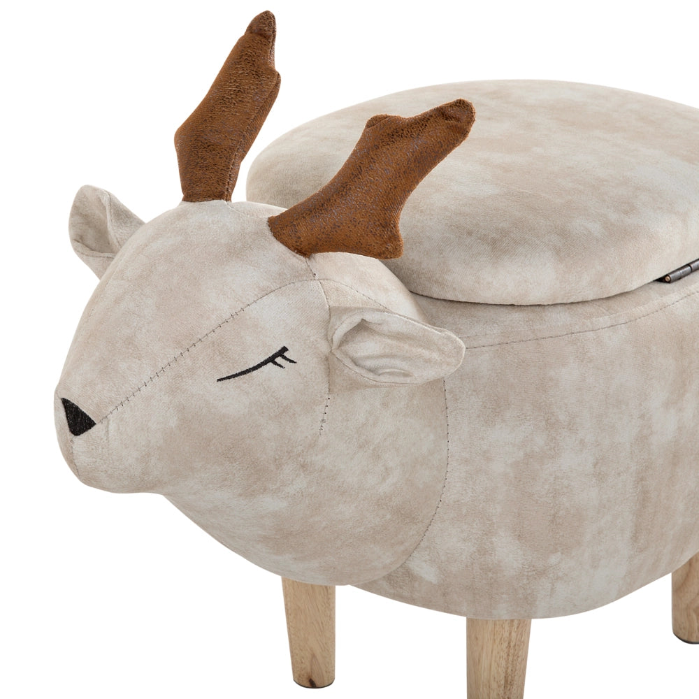 Sgabello per bambini con animali renna Tessuto in poliestere beige Gambe in legno imbottite contenitore Poggiapiedi per asilo nido