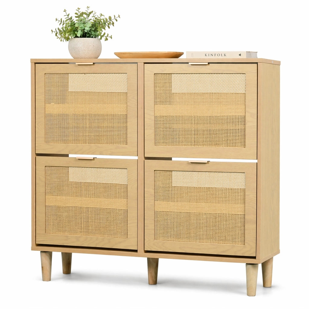 Scarpiera salvaspazio con 4 ante ribaltabili, design in rattan e finitura effetto rovere, 100 x 25 x 90 cm