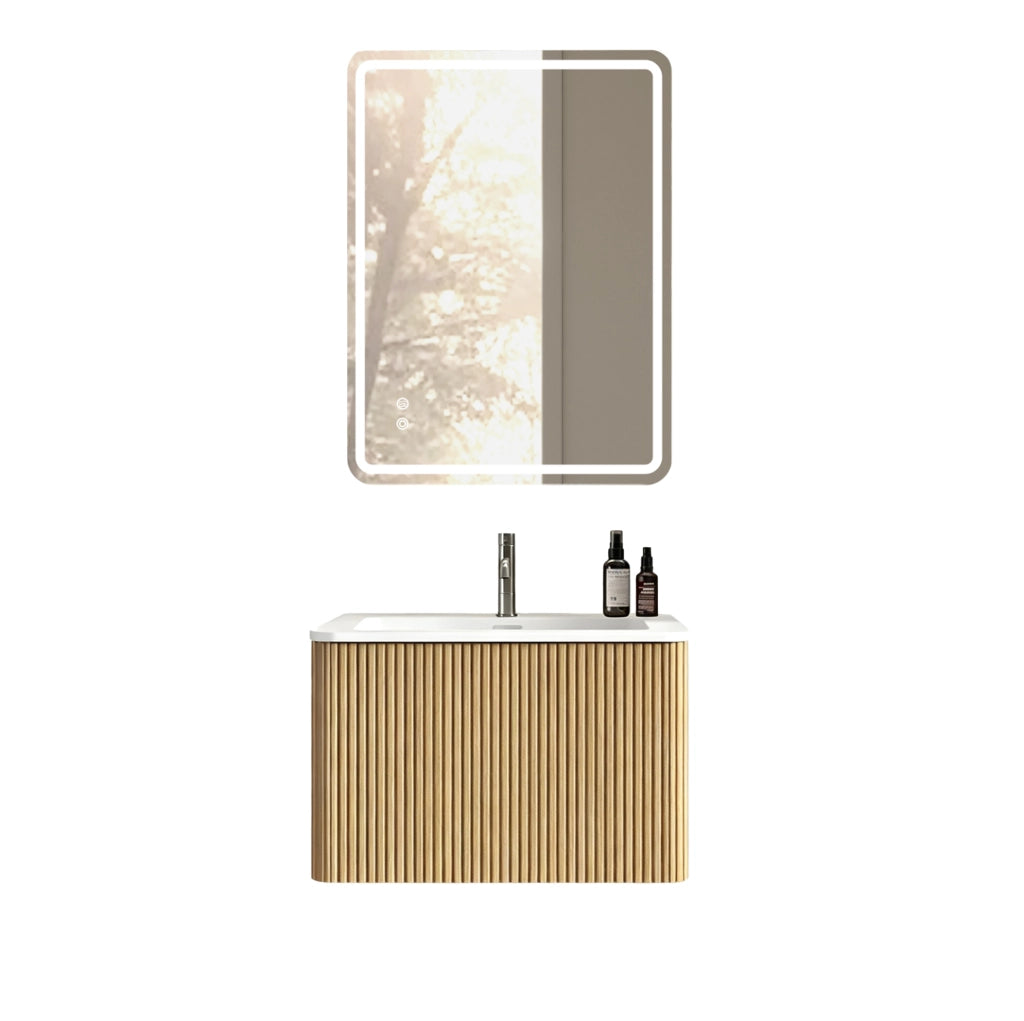 MOBILE BAGNO Sospeso con Specchio LED e Lavabo, Rovere, Set da 2 pezzi