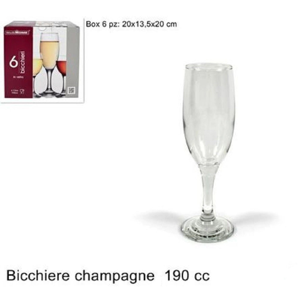 Trade Shop - Set 6 Pezzi Servizio Calici Calice Bicchieri Vetro 190cc Per Champagne Spumante -