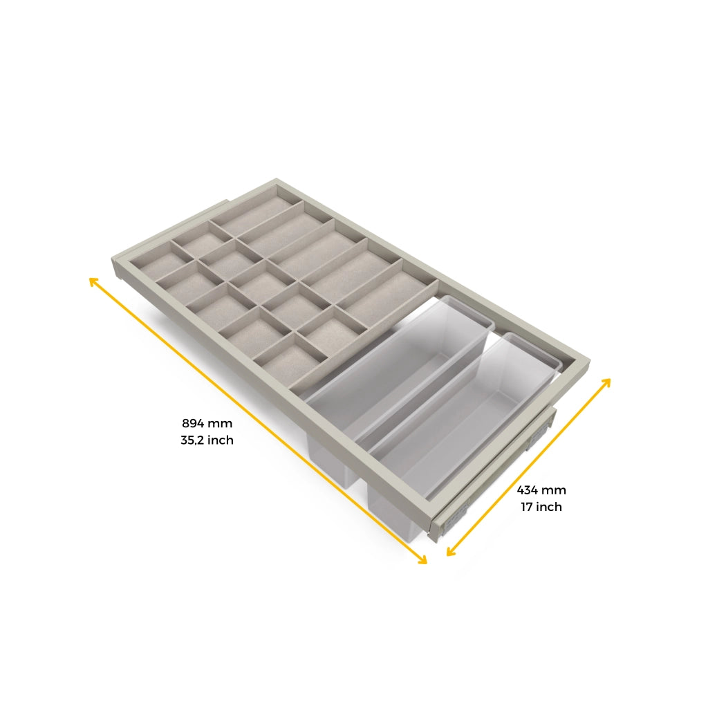 Emuca Kit cassetto organizzatore con vassoio ausiliario e telaio con guide a chiusura morbida per armadio, regolabile, modulo 900mm, Grigio pietra