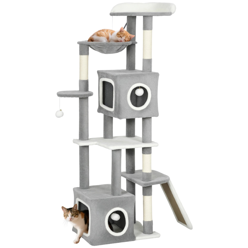 Albero Tiragraffi per Gatti con Casette e Palline ¨C zephmum ¨C Grigio e Bianco 48x40x165 cm
