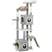 Albero Tiragraffi per Gatti con Casette e Palline ¨C zephmum ¨C Grigio e Bianco 48x40x165 cm