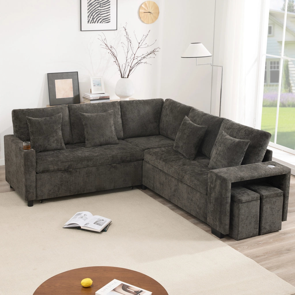 DIVANO ANGOLARE LETTO 220x205x86,5 cm Chenille Grigio con Pouf e 4 Cuscini