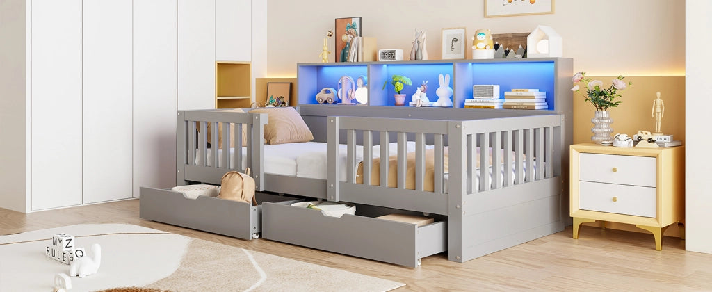 Letto per bambini 90 × 200 cm con barriera di sicurezza, 2 cassetti, ripiani e LED, senza materasso, grigio