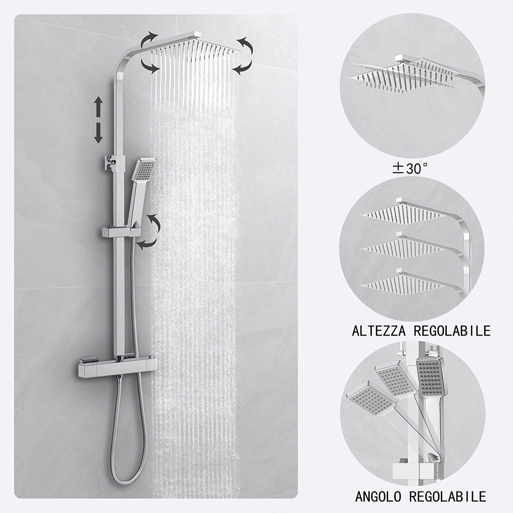 Kit doccia con miscelatore termostatico, soffione quadrato 20x20cm, doccetta quadrata 22x6.4cm, colonna doccia regolabile 73-115cm, cromo