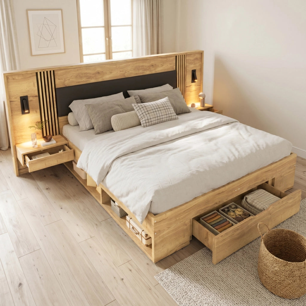 Letto matrimoniale 180*200cm letto ripostivo letto in legno letto per giovani con lampada da lettura con 2 comodini con cassetti colore naturale