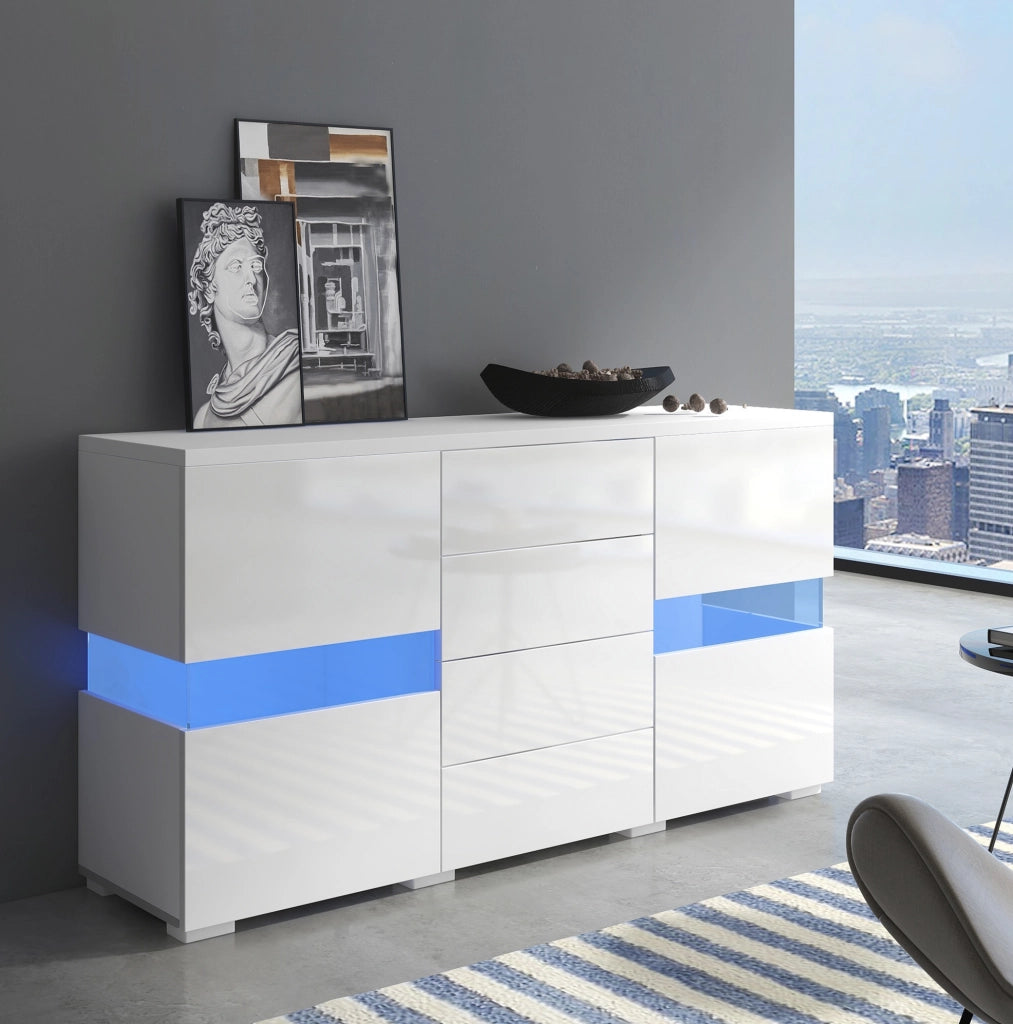 Credenza 140x35x72 cm bianca in MDF, 4 cassetti e LED controllati da app