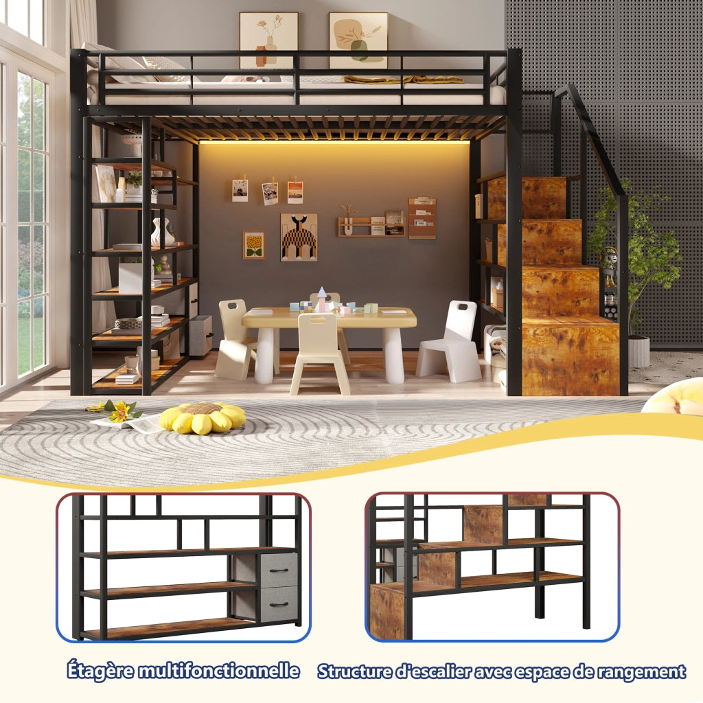 Letto a soppalco 140x200 cm con cassetti in tessuto; LED; ripiani e gradini integrati; metallo nero
