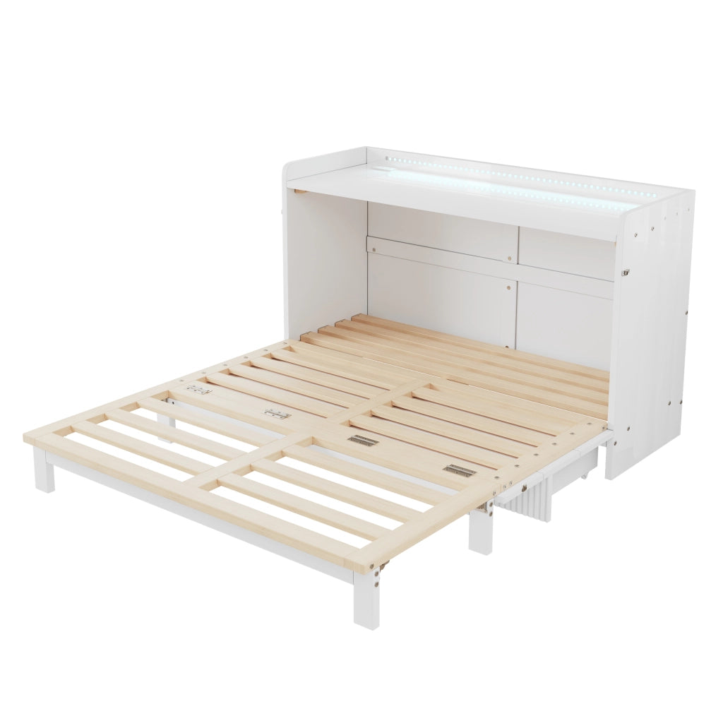 Letto a scomparsa 140x200 cm con cassetti; USB; presa e LED; MDF bianco