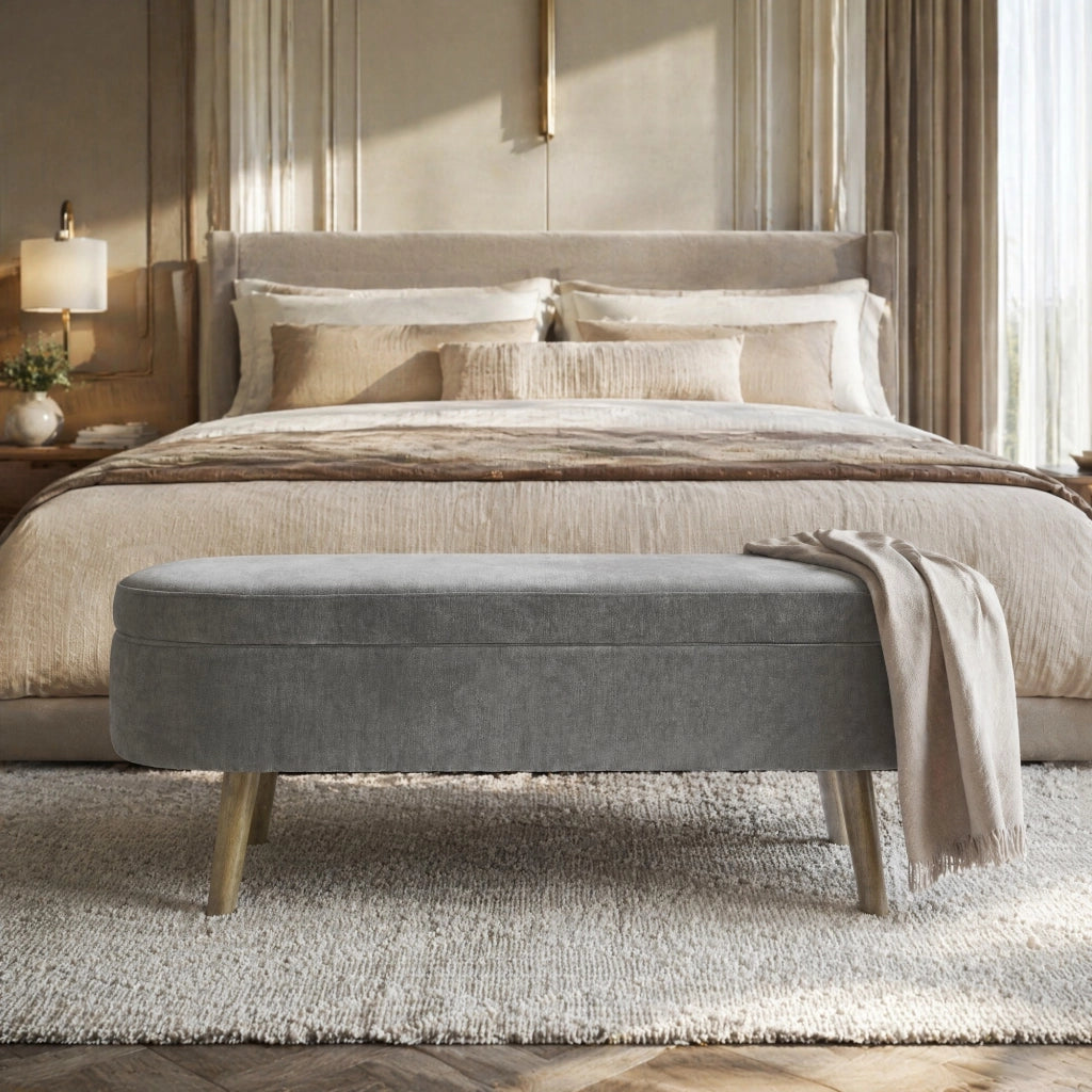 Panca contenitore in chenille con vano interno e chiusura ammortizzata, gambe in legno, grigio scuro 110 × 40 × 42 cm