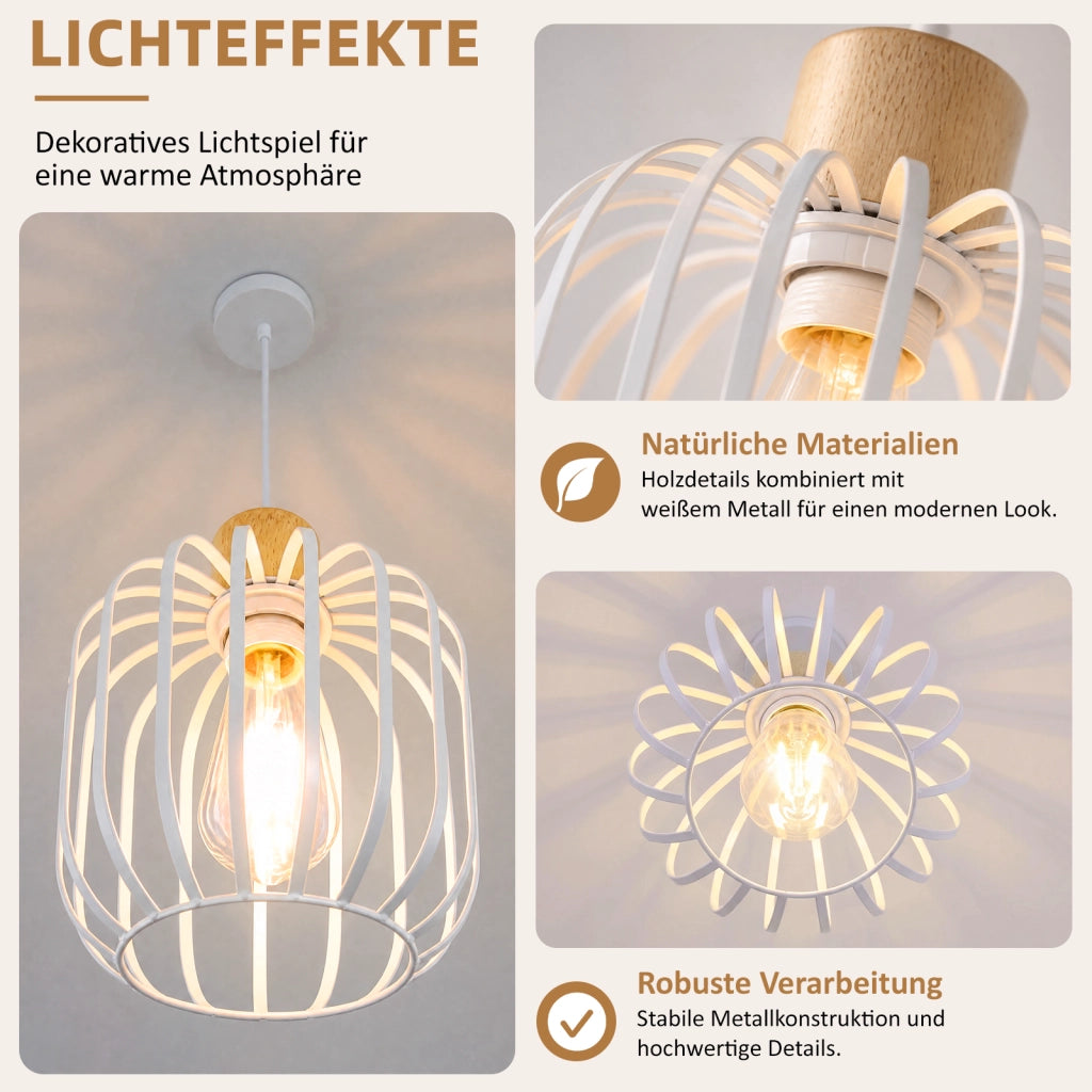 ZMH Lampada a Sospensione 1 Luce Bianco Legno E27 Moderna per Soggiorno Cucina Isola Corridoio Senza Lampadina