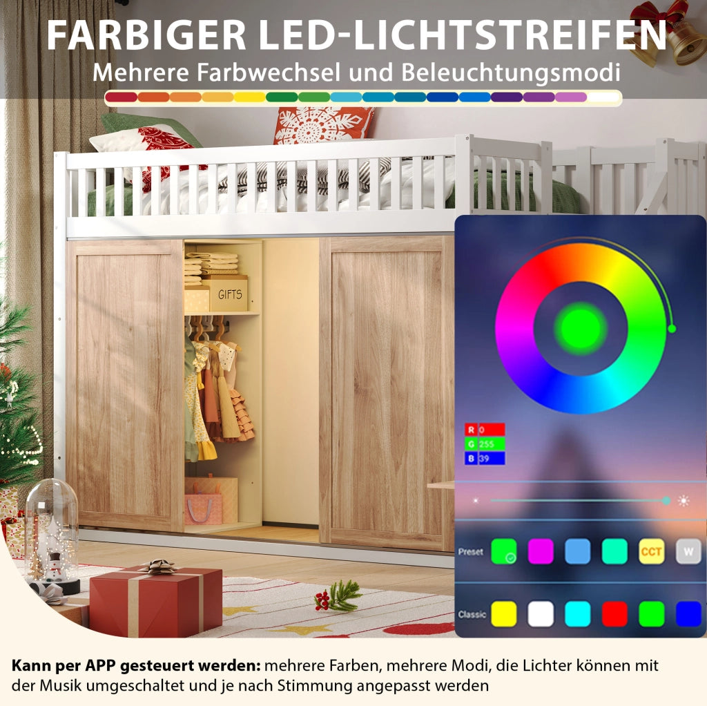 Letto a soppalco per bambini 90x200 cm con armadio e scala contenitore; LED controllabili da app; bianco e rovere