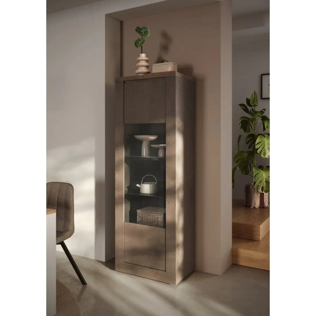 Vetrina SASHA – 1 porta con ripiani in legno e vetro – Bronzo e piano in legno Mercurio