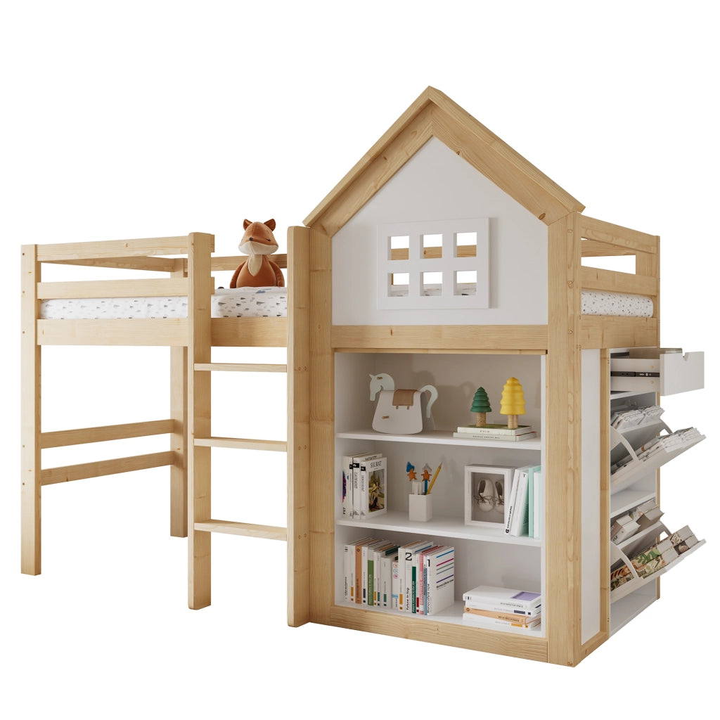 LETTO A CASTELLO per bambini con vani e cassetti 90x200 cm bianco/naturale