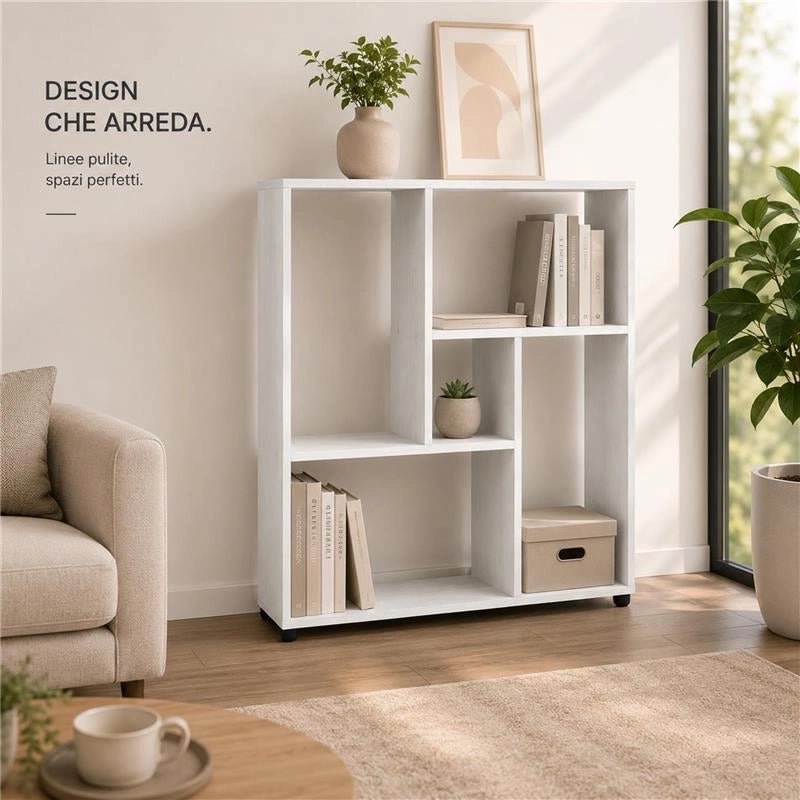 LIBRERIA IN LEGNO BIANCO MODERNA CON CINQUE RIPIANI SFALSATI DIMENSIONI  80X24X82,5 CM