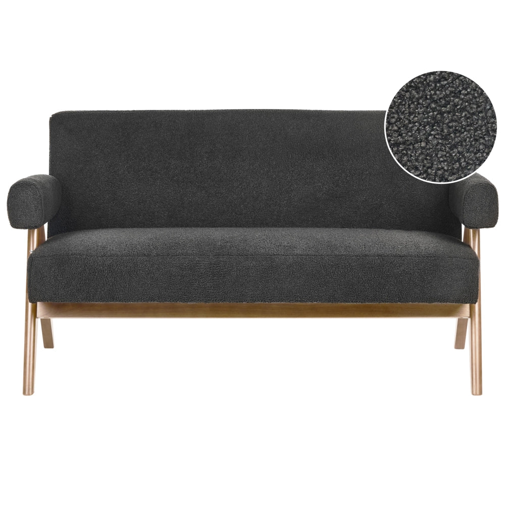 Divano a 2 posti Rivestimento in bouclé nero e marrone scuro Design retrò Gambe in legno Soggiorno