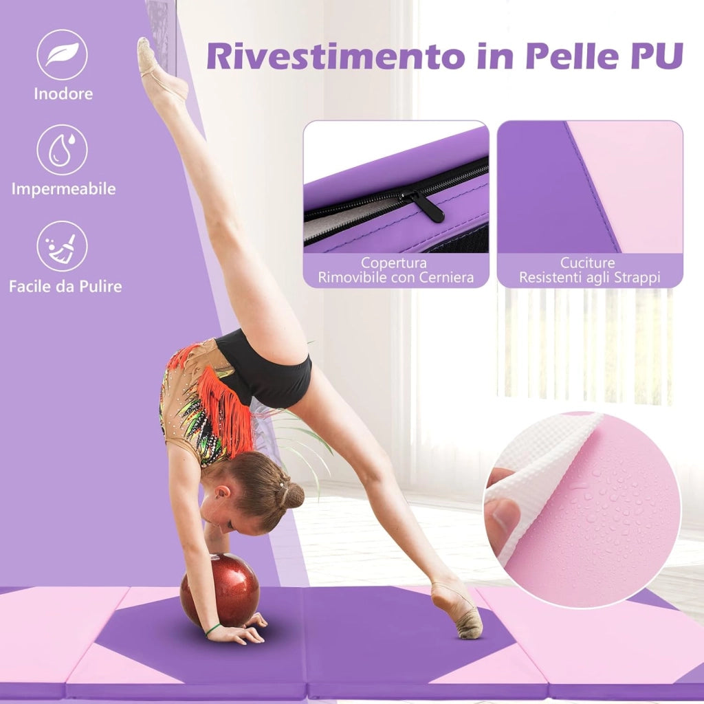 Tappetino Ginnastica Pieghevole 300 CM, Tappetino a 4 Pannelli in Similpelle con Gancio, Chiusure a Strappo e Maniglie per Ginnastica, Yoga e Allenamenti da Casa e Palestra