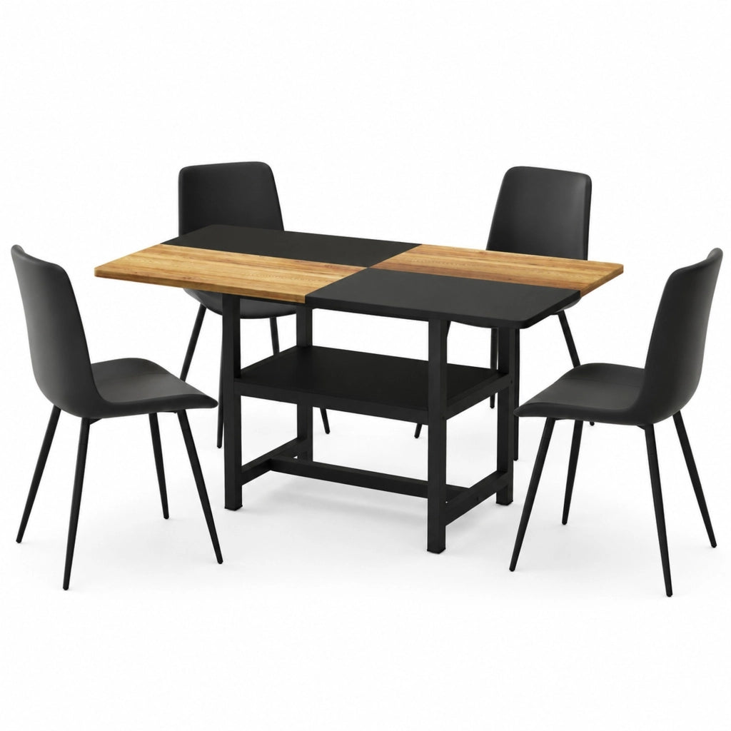 Set tavolo da pranzo e sedie con 1 tavolo e 4 sedie; contenitore integrato in MDF e metallo nero con PU nero e marrone