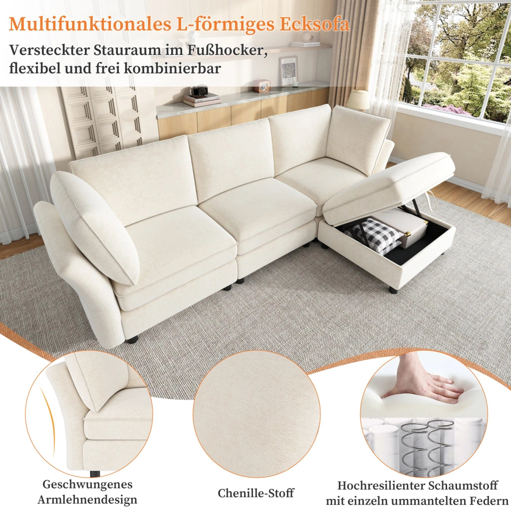 Divano angolare modulare 4 posti con pouf contenitore e seduta morbida in chenille beige per soggiorno