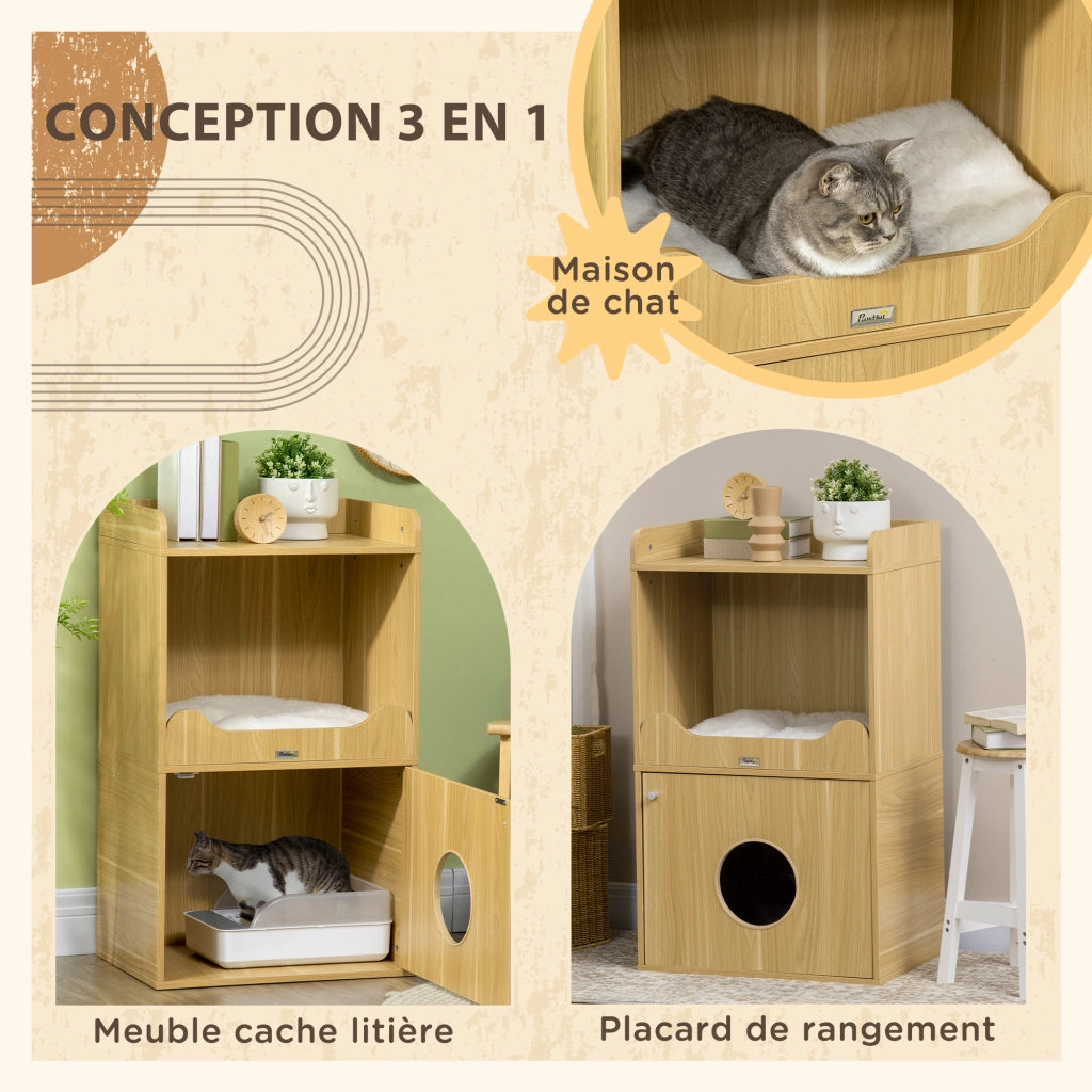 Mobile per lettiera gatto 3 livelli con porta e cuscino ¨C zephmum ¨C 60x45x103 cm