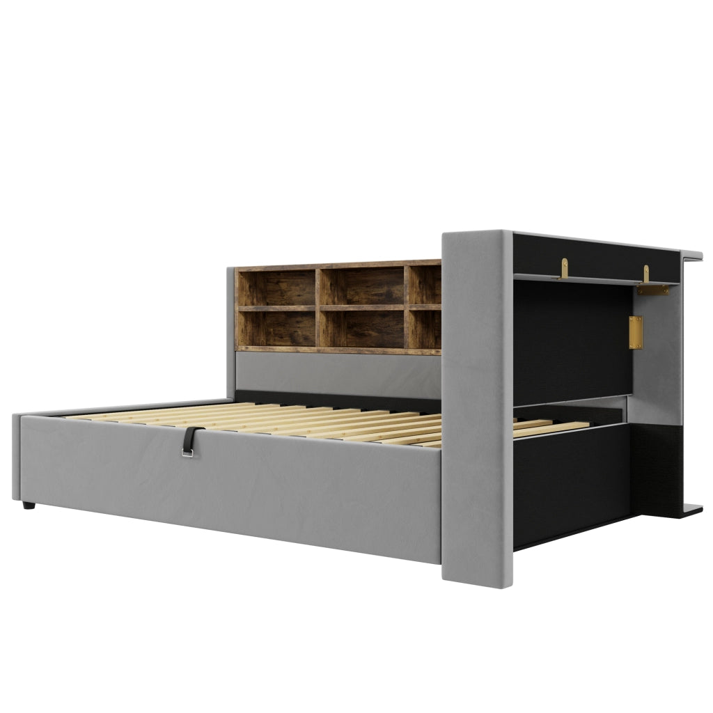 DESMIU Letto divano 90 × 200 cm 1 piazza con contenitore idraulico, luce LED, USB e Type-C, senza materasso, in velluto, grigio