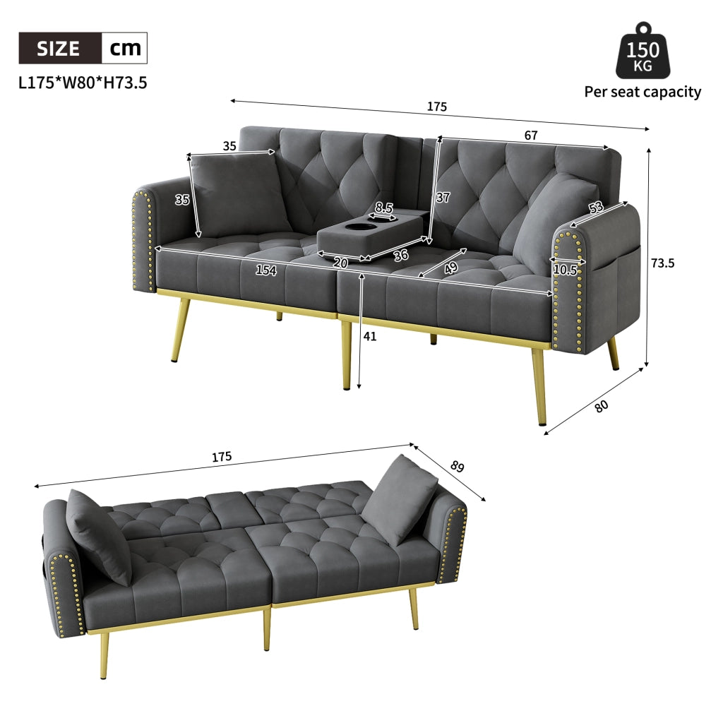 DIVANO LETTO multifunzione 175x80x73,5 cm velluto grigio con 2 cuscini