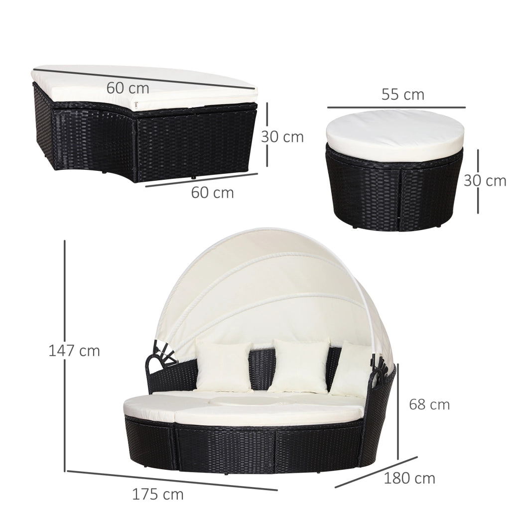 Set 4 Pzi Divano Circolare da Giardino, Mobili Componibili Rattan Nero, Tettuccio e Cuscini Beige 180x175x147cm