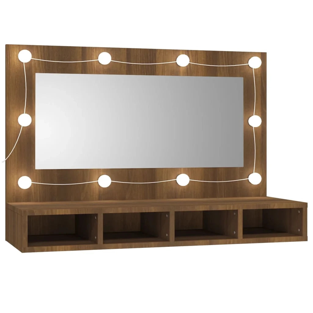 Armadio a specchio con illuminazione a LED finitura rovere 90 x 31,5 x 62 cm marrone 02_0006668