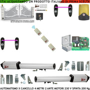 Automazione Cancello 4 Metri 2 Ante da 2 MT Kit 2 Motori Elettromeccanici 230 V Corsa 300 mm Spinta 2 Q.li Sblocco Staffe 3 Radiocomandi 2 Coppie Fotocellule Selettore 2 Chiavi Faro Movimenti Cartello