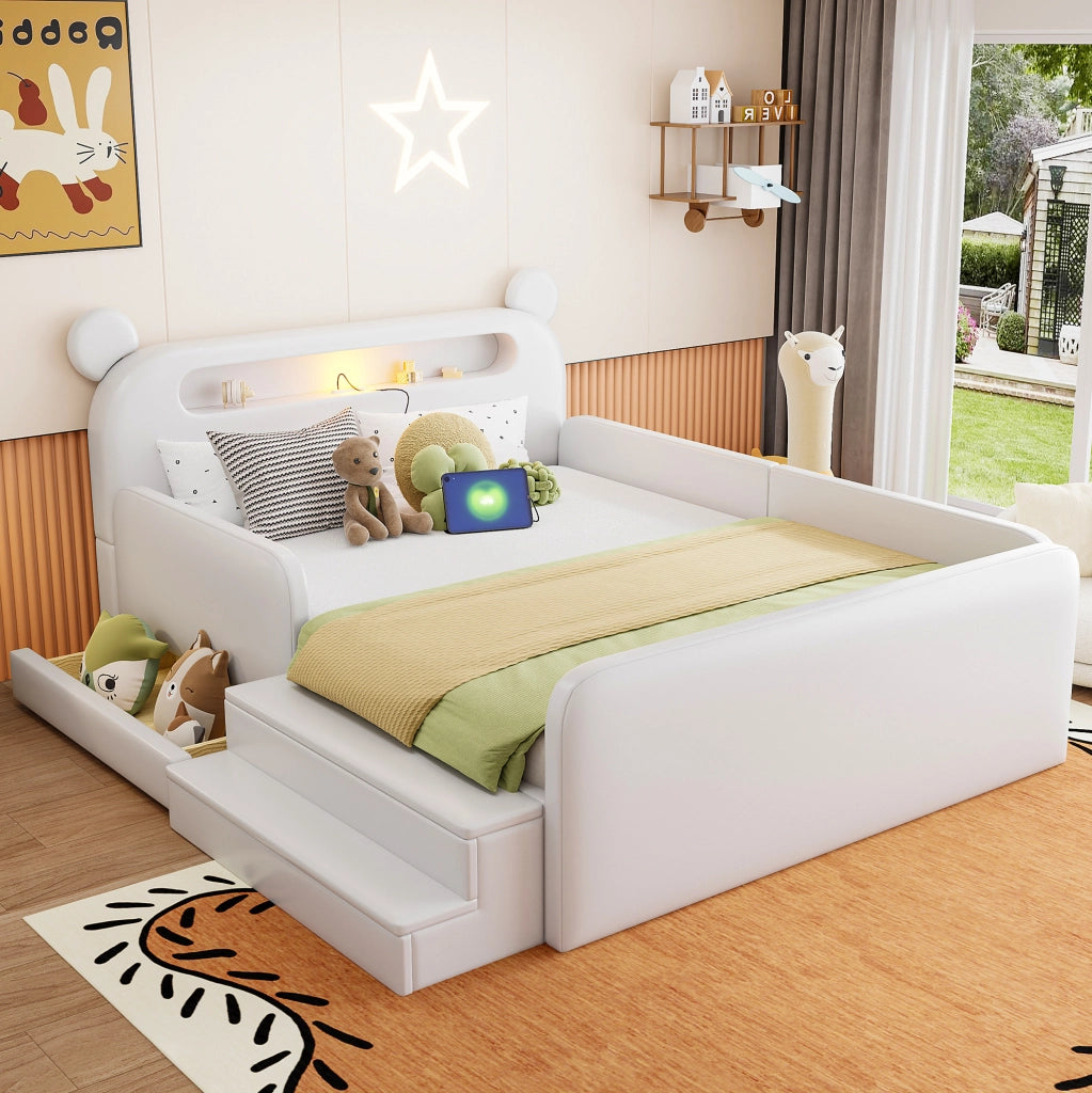Letto imbottito per bambini 140x200 cm con testiera a forma di orso; USB e contenitore; bianco