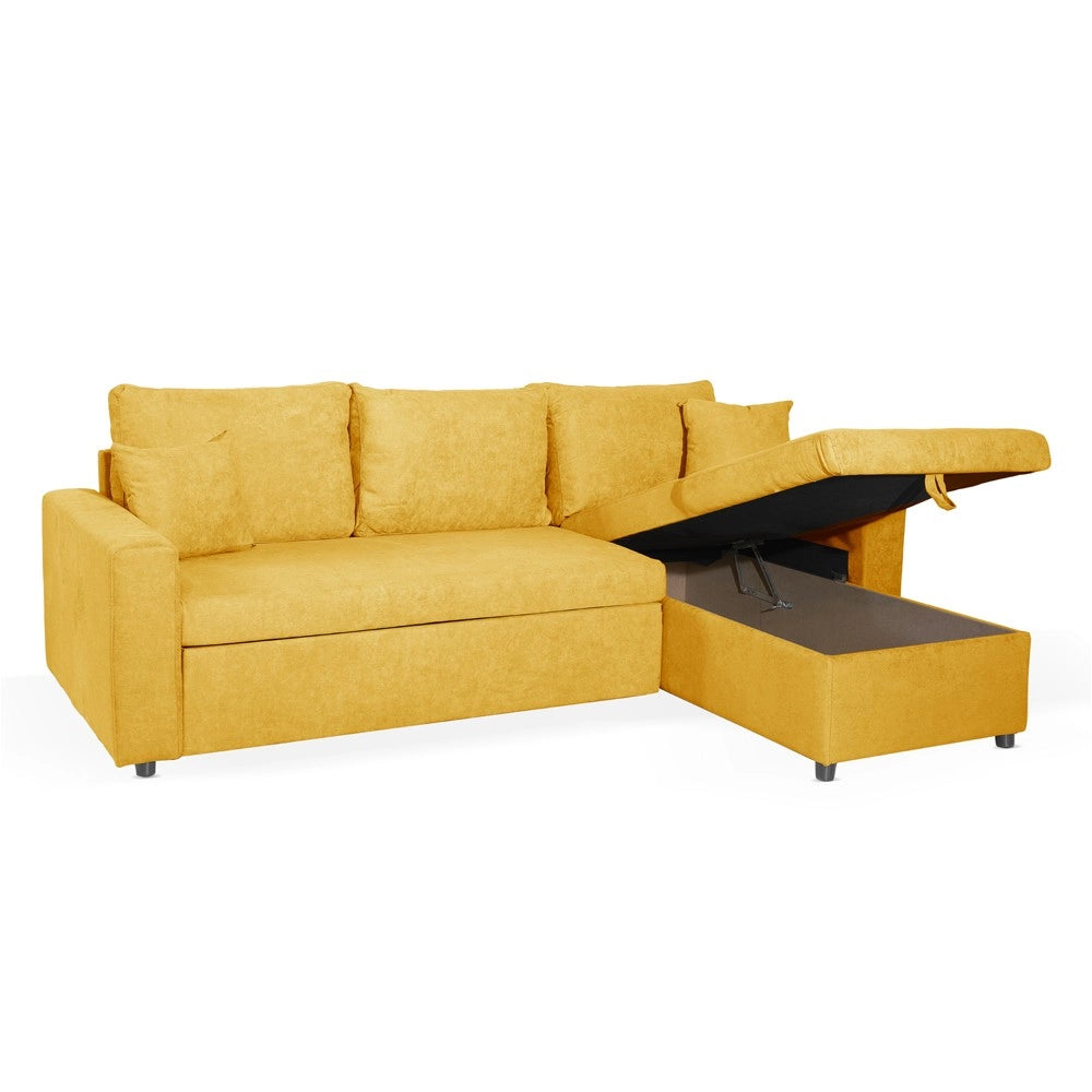 Divano con penisola reversibile funzione letto Golf tessuto senape 225x148x91H