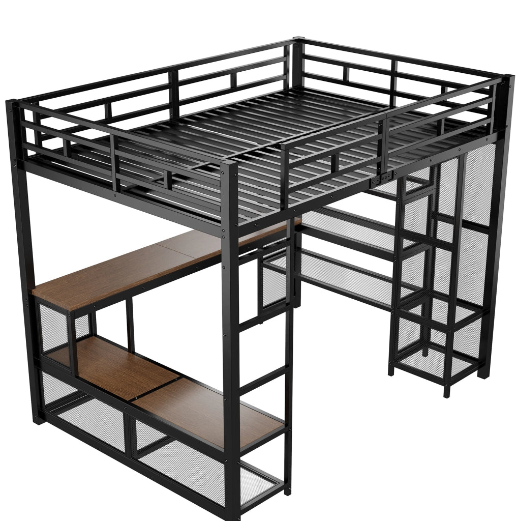 Letto a soppalco 140x200 cm con scrivania, LED e armadio aperto