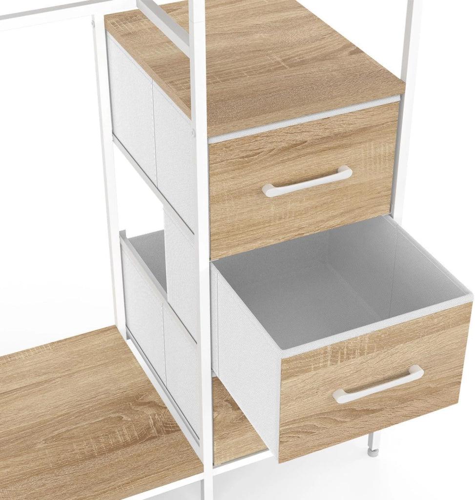 Armadio doppio UTAH + colonna doppia L. 140 cm con 6 ripiani e 6 cestini in legno e tessuto bianco