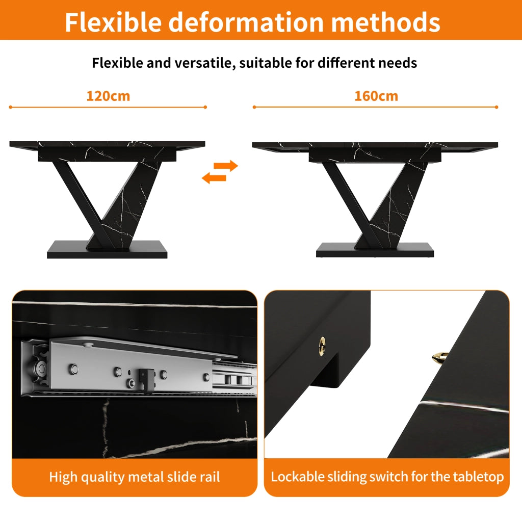 Tavolo da pranzo allungabile in MDF effetto marmo nero, con struttura in metallo, per cucina e soggiorno, 120 × 75 × 75,5 cm