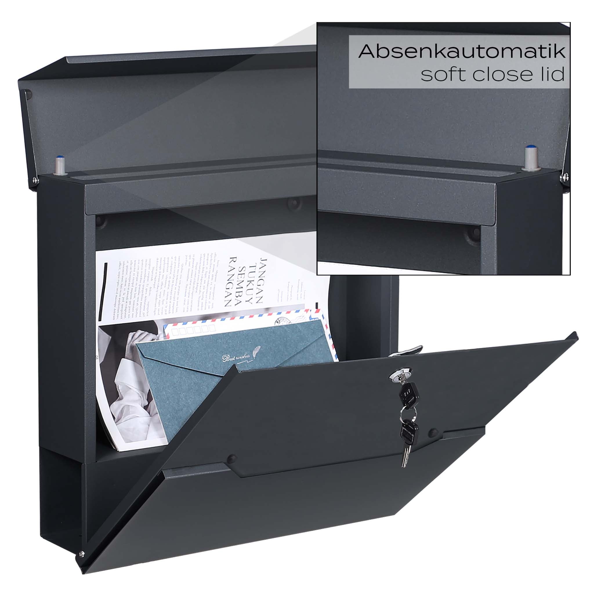 Cassetta postale V61 con portagiornale, antracite e inox, soft-close, 370 x 105 x 370 mm