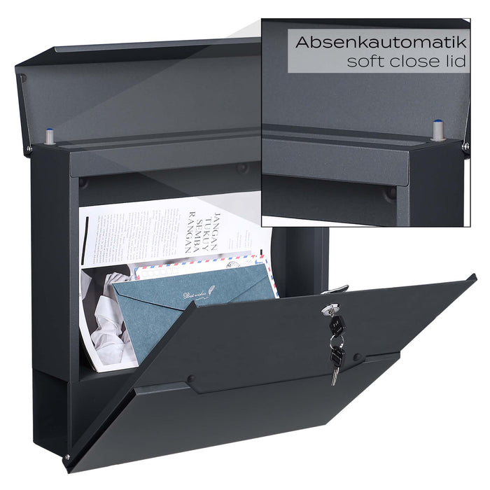 Cassetta postale V61 con portagiornale, antracite e inox, soft-close, 370 x 105 x 370 mm