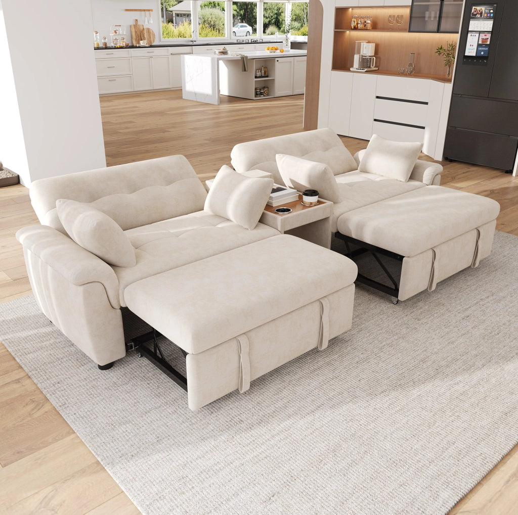 Divano letto multifunzionale beige con modulo centrale e schienale regolabile