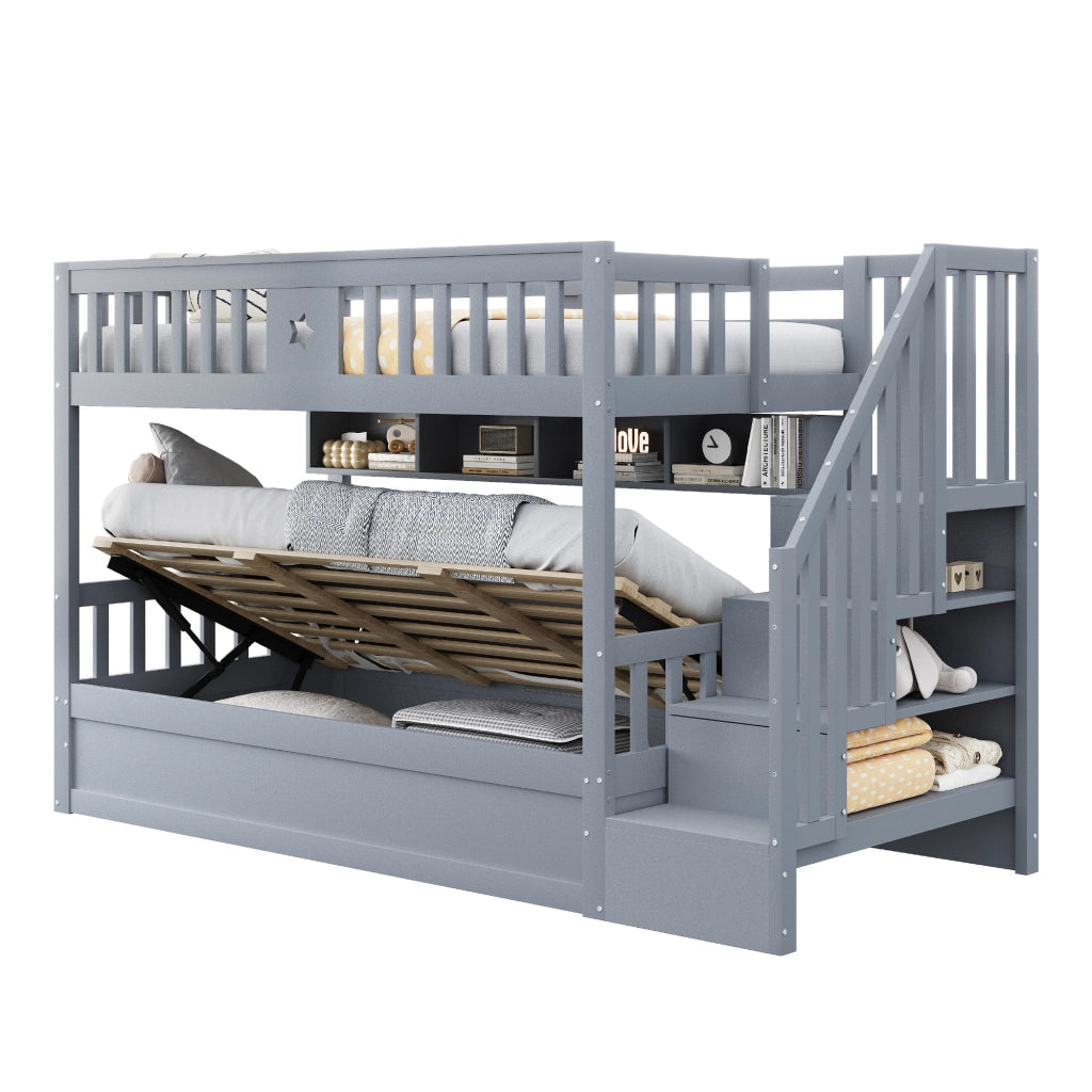 Letto a Soppalco 90x200 cm; Contenitore; Ripiani; Scala con vani; in Legno; Grigio