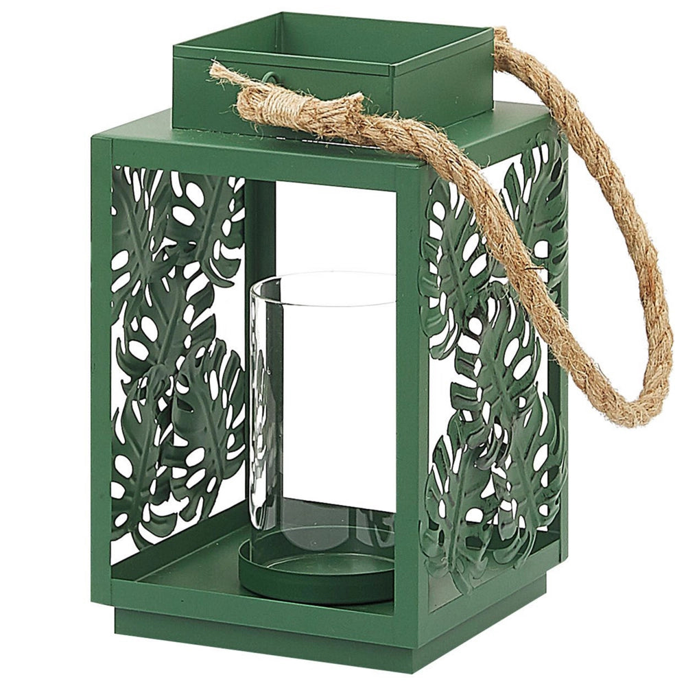 Lanterna Verde Metallo 25 cm Portacandele in Vetro Foglie di Monstera Decorazione Boho