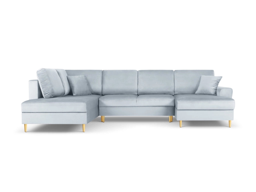 Cosmopolitan Design - Divano panoramico convertibile sinistro con contenitore "Kyoto" 7 posti in velluto azzurro 