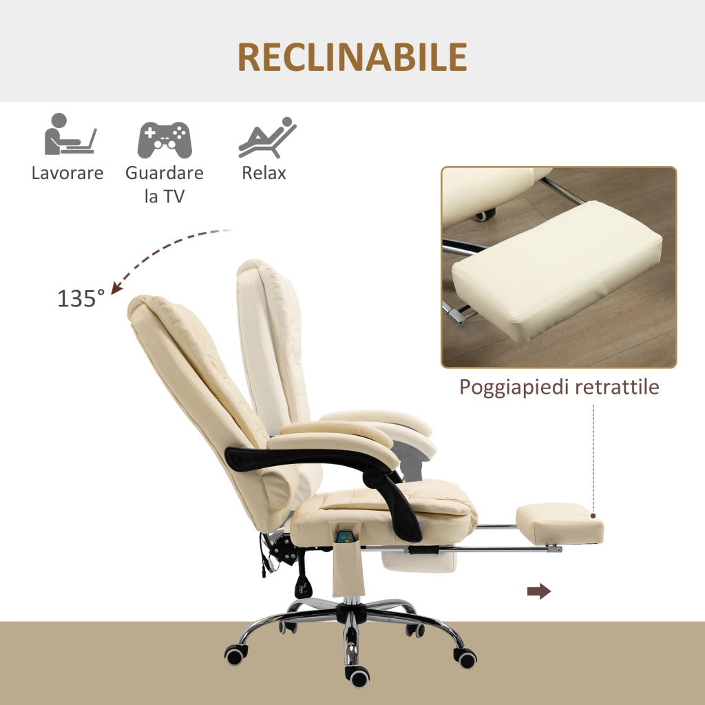 EasyComfort Poltrona Massaggiante Ergonomica ad Altezza Regolabile con 6 Punti Vibranti, 65x160x104 cm, Crema