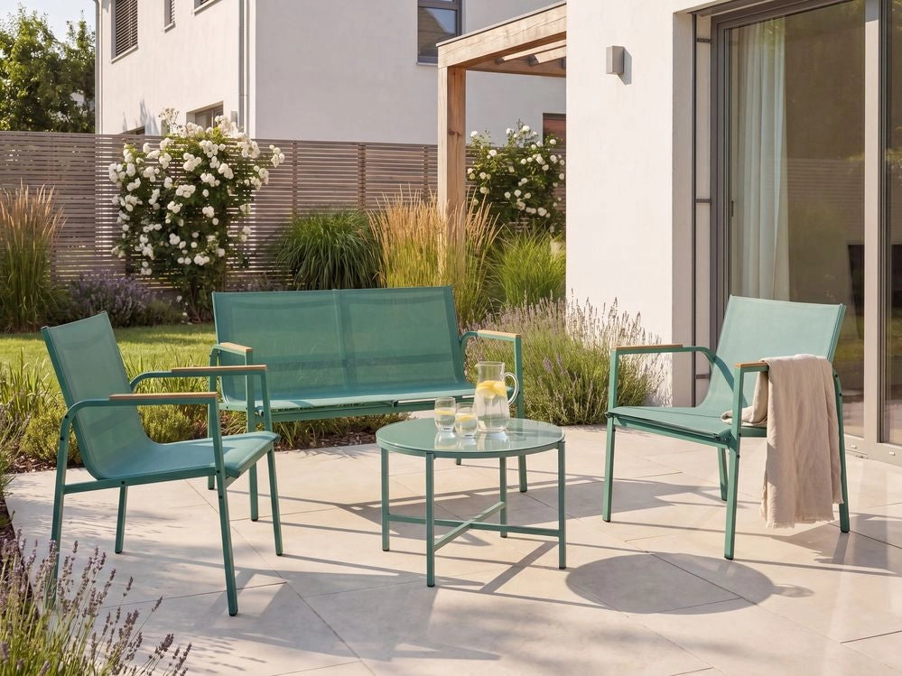 Set da giardino verde in acciaio verniciato a polvere, 4 posti con poltrone e tavolino in vetro, set da conversazione da esterno
