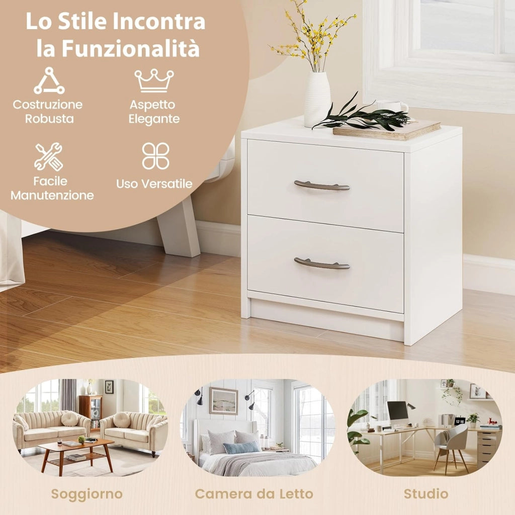 COSTWAY Comodino Camera da Letto con 2 Cassetti, Comodino Salvaspazio in Legno, Comodino Mobile da Letto con Kit Antiribaltamento, per Soggiorno e Studio, 38,5 x 28 x 39 cm (Bianco, 2 Cassetti)