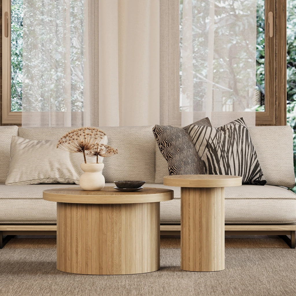 Set di tavolini 66x66x40 cm e 40x40x46 cm; design modulare; MDF; colore naturale