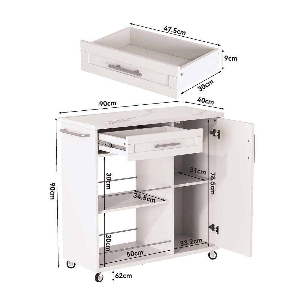 Carrello da Cucina con Piano Effetto Marmo ¨C Xylo ¨C Bianco, Cassetto, Ripiani, 90x62x90 cm