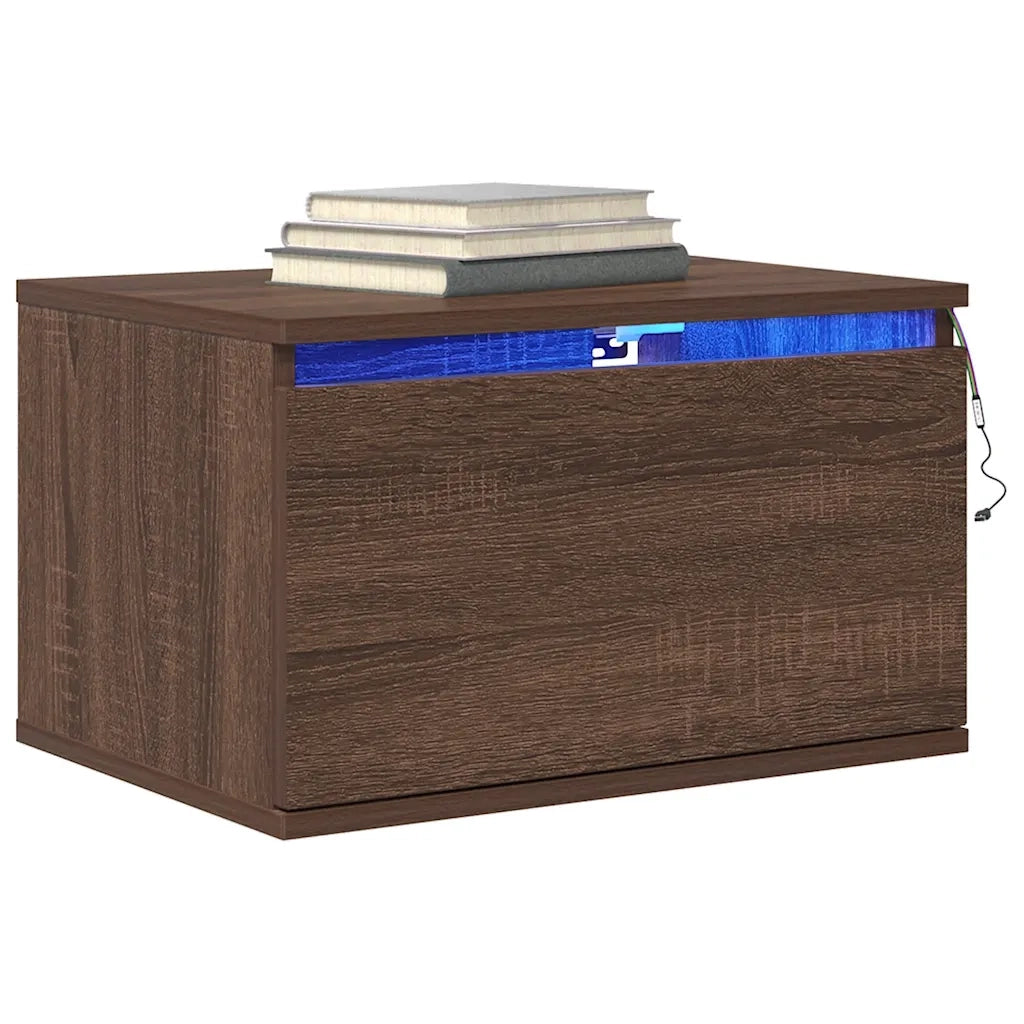 Set di 2 Comodini | Armadio da Notte | Mobiletto da notte a Parete con luci LED Rovere Marrone