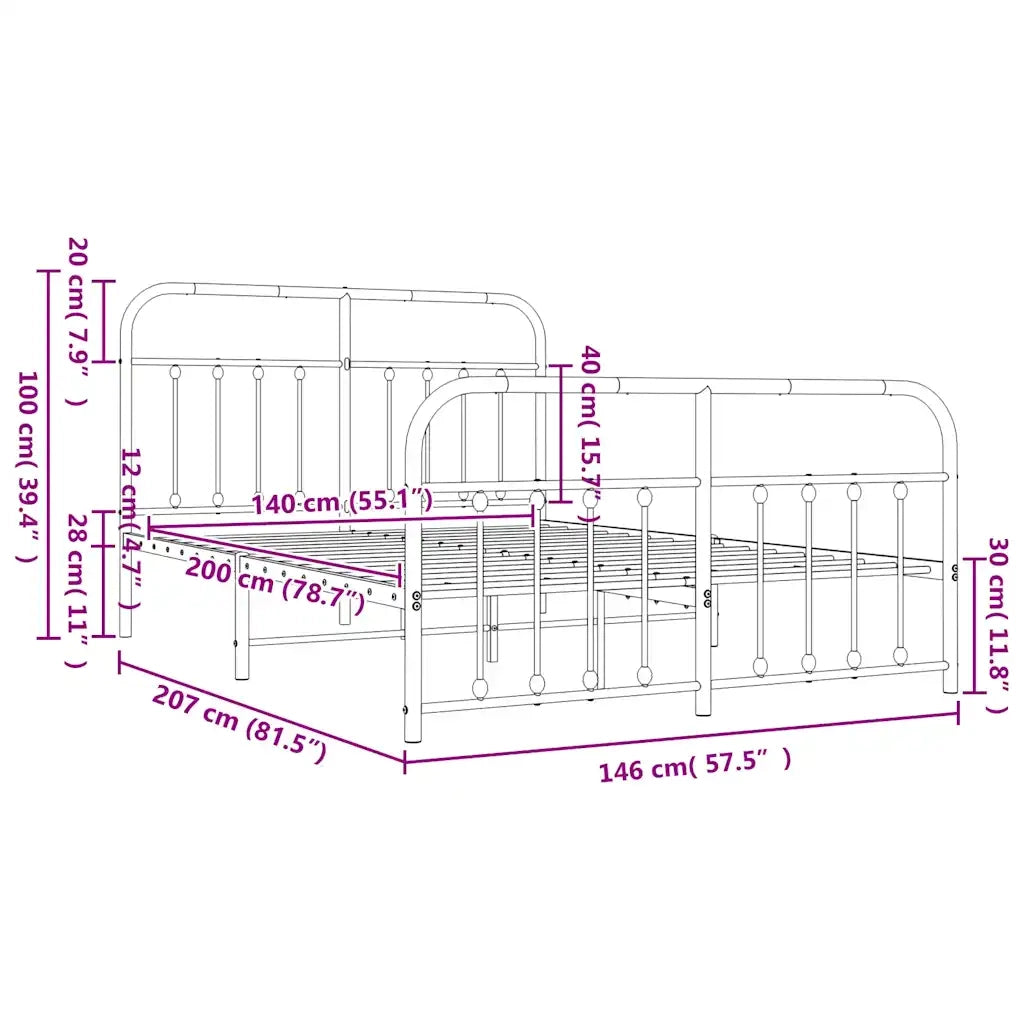 Letto matrimoniale | Letto per adulti | Giroletto con Testiera e Pediera Metallo Bianco 140x200 cm